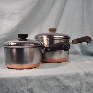 Revere Ware & other TWO Copper bottom pots with lids (39gw)